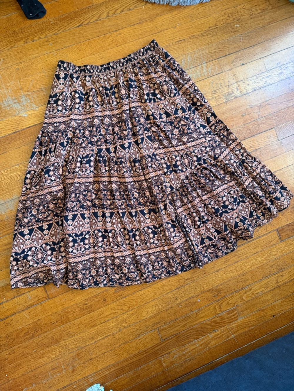 Free People Black and Brown Bohemian Tiered Circle Skirt